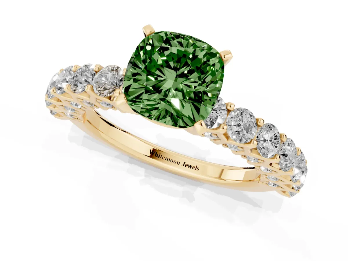 Fancy Green Cushion Cut Diamond Solitaire Ring with Shared Prong Pavé Band and Four-Prong Setting Yellow gold
