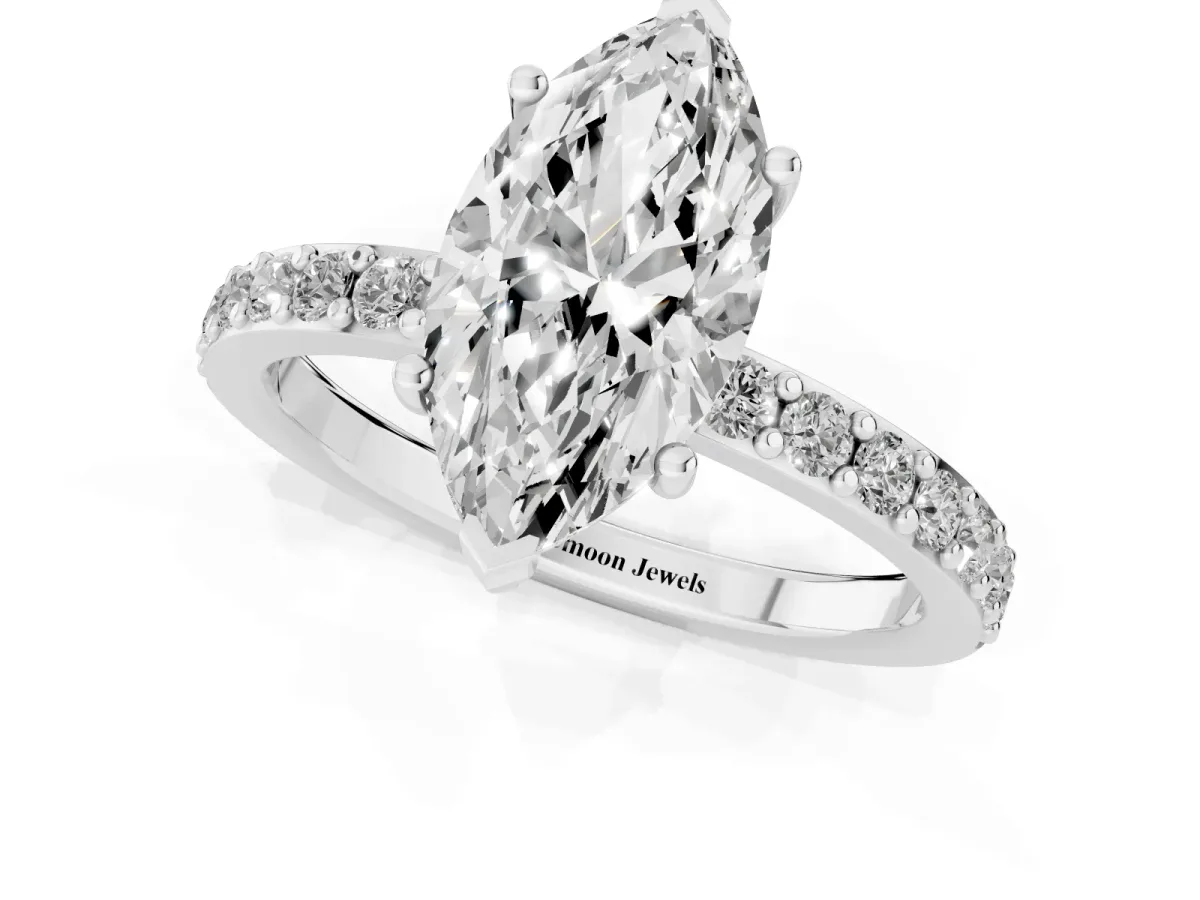 Marquise Cut Cut Diamond Solitaire with Pave Band and Four-Prong Setting Silver