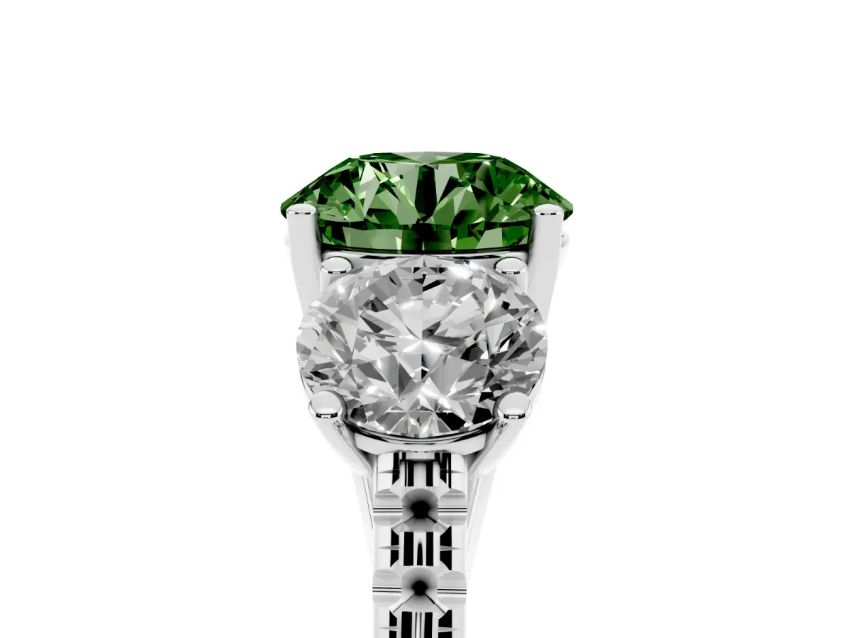 Fancy Green Three-Stone Round Cut Diamond Ring with Round Pavé Band and Prong Setting Silver