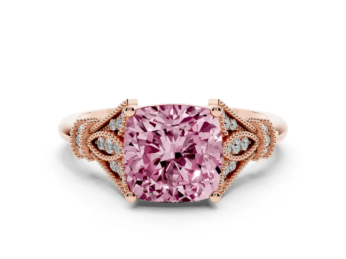 Fancy Pink Cushion Cut Diamond Solitaire Ring with Floral Filigree and Pave Accents Rose gold