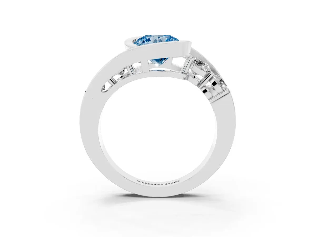 Fancy Blue Bezel Set Round Cut Diamond Bypass Ring with Round Accents Platinum