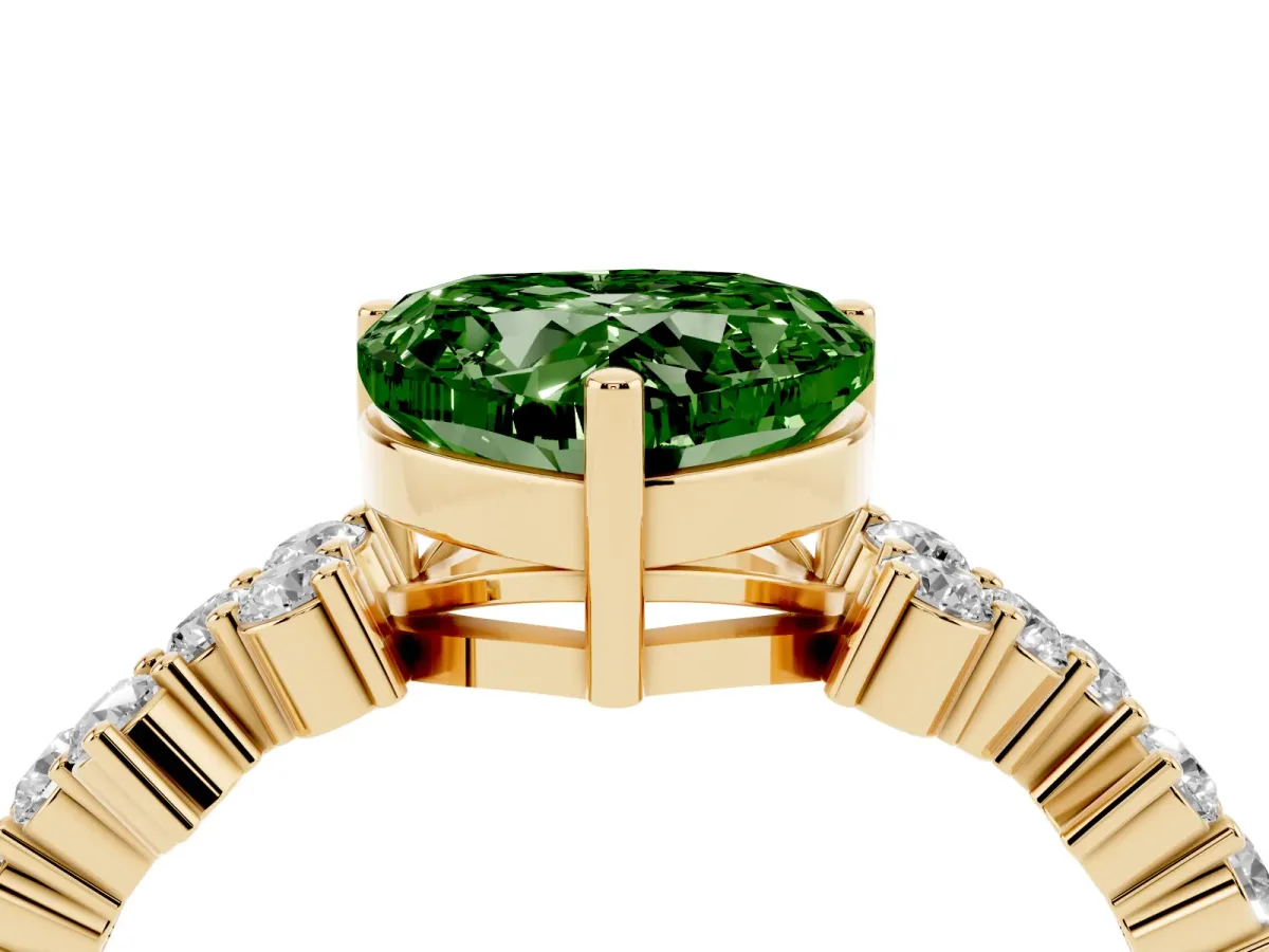Fancy Green Heart Cut Diamond Scattered Round Accent Ring with Prong Setting Yellow gold