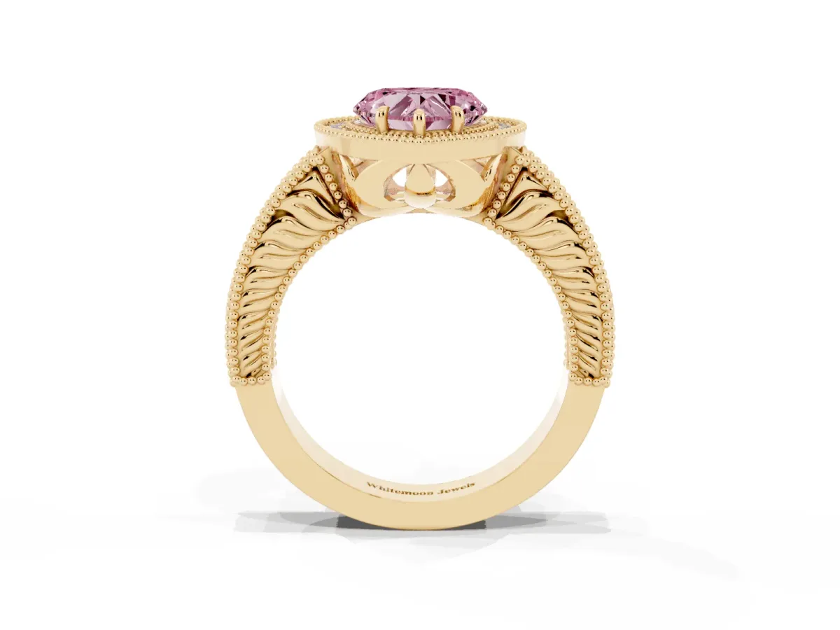 Fancy Pink Heart Cut Cut Halo Diamond Ring with Pavé Band and Four-Prong Setting Yellow gold