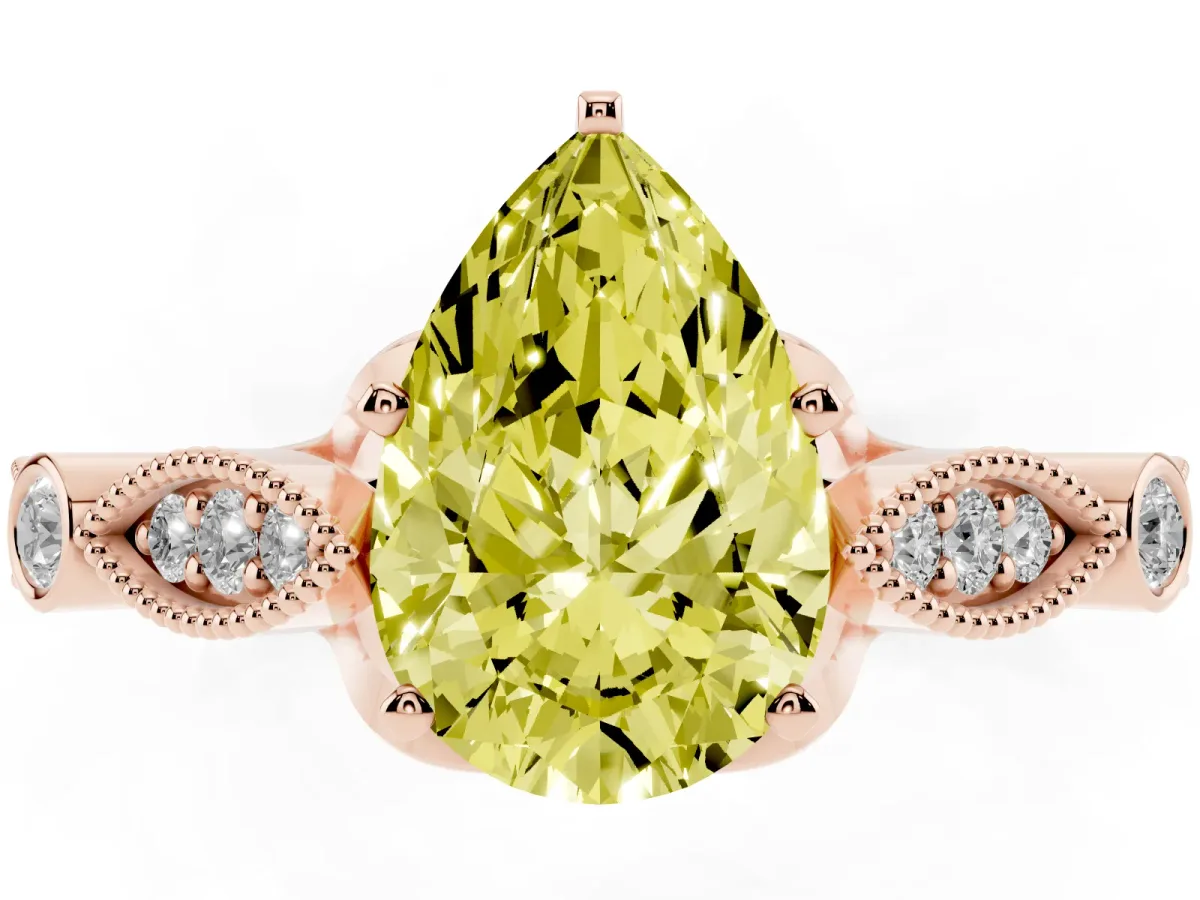 Fancy Yellow Pear Cut Cut Diamond with Milgrain Marquise and Bezel Accents on a Solitaire Band with Prong Setting Rose gold