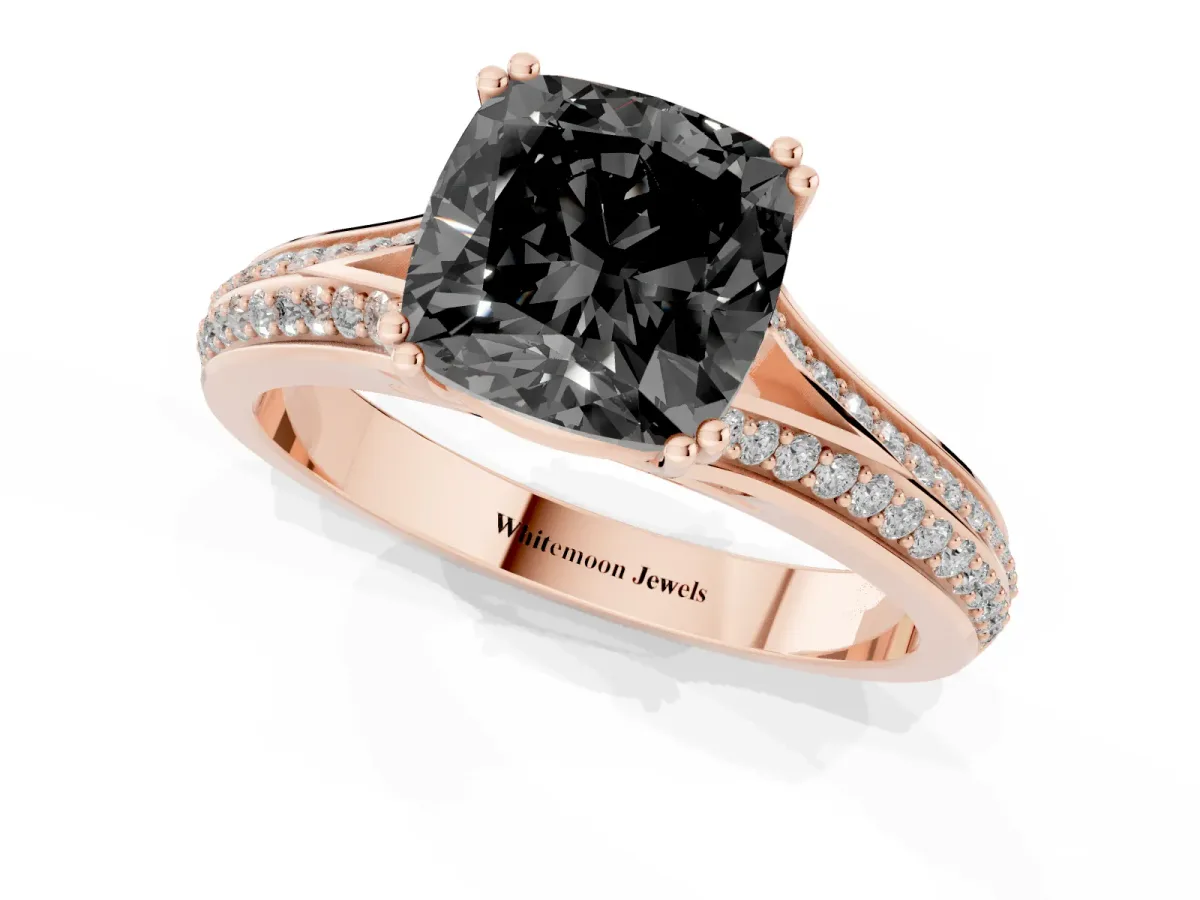 Fancy Black Cushion Cut Diamond Split Shank Engagement Ring with Pavé Band Rose gold