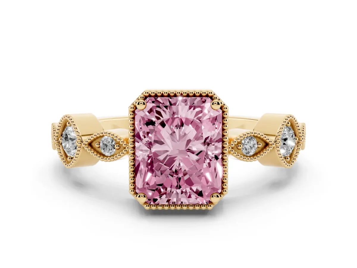 Fancy Pink Radiant Cut Diamond Vintage Milgrain Ring with Round Stations Yellow gold