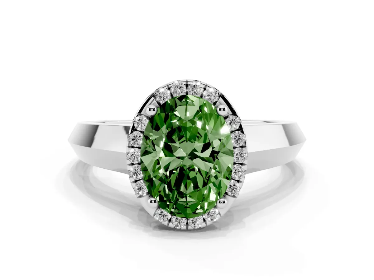 Fancy Green Oval Cut Halo Diamond Ring with Cathedral Band and Four-Prong Setting Silver