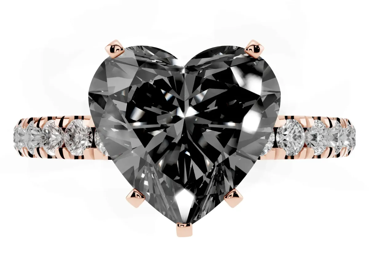 Fancy Black Heart Cut Diamond Solitaire Ring with Pavé Accents and Four-Prong Setting Rose gold