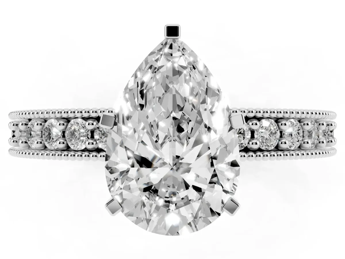 Pear Cut Diamond Milgrain Pavé Engagement Ring with Four-Prong Setting Silver