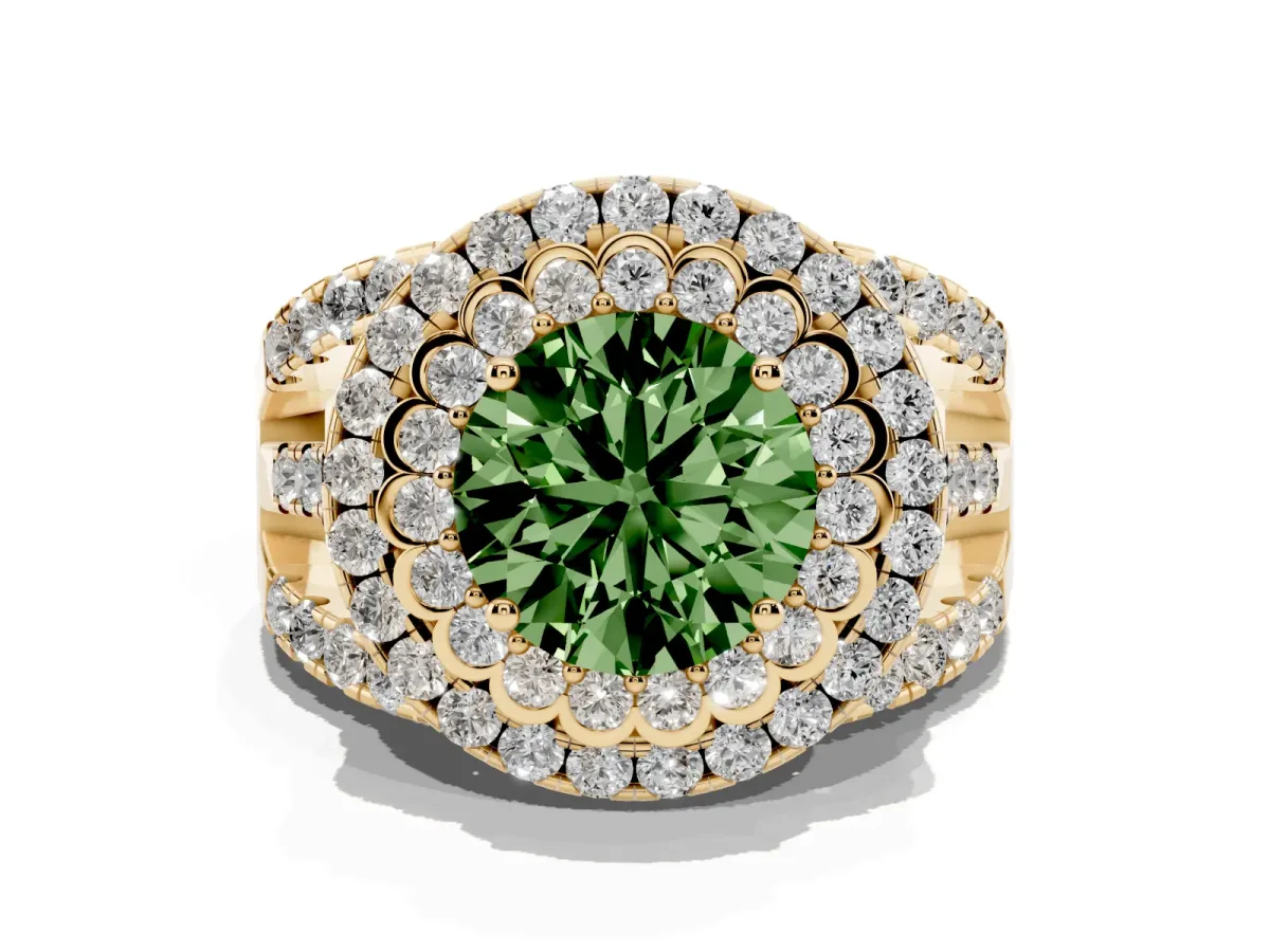 Fancy Green Round Cut Diamond Double Halo Ring with Round Pavé Split Shank and Prong Setting Yellow gold
