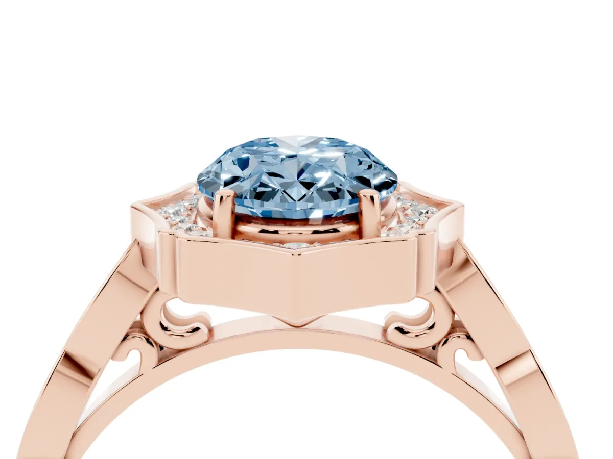 Fancy Blue Oval Cut Halo Diamond Engagement Ring with Milgrain Band and Four-Prong Setting Rose gold