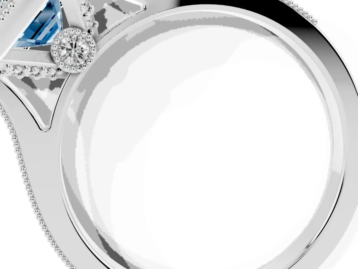 Fancy Blue Halo Emerald Cut-Cut Diamond Pave Band Milgrain Prong Setting Ring Silver