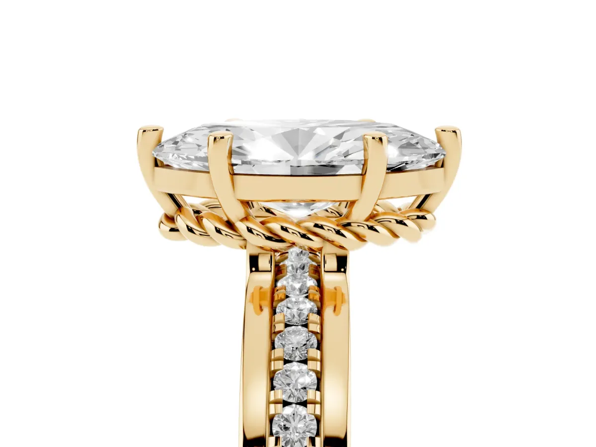 Marquise Cut Solitaire Diamond Ring with Channel Set Band and Six-Prong Setting Yellow gold