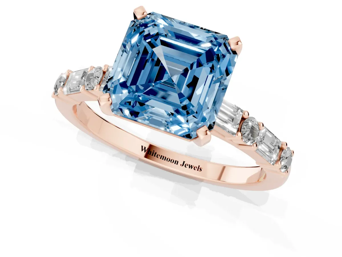 Fancy Blue Asscher Cut Diamond Solitaire with Side Baguettes and Channel Set Band Rose gold