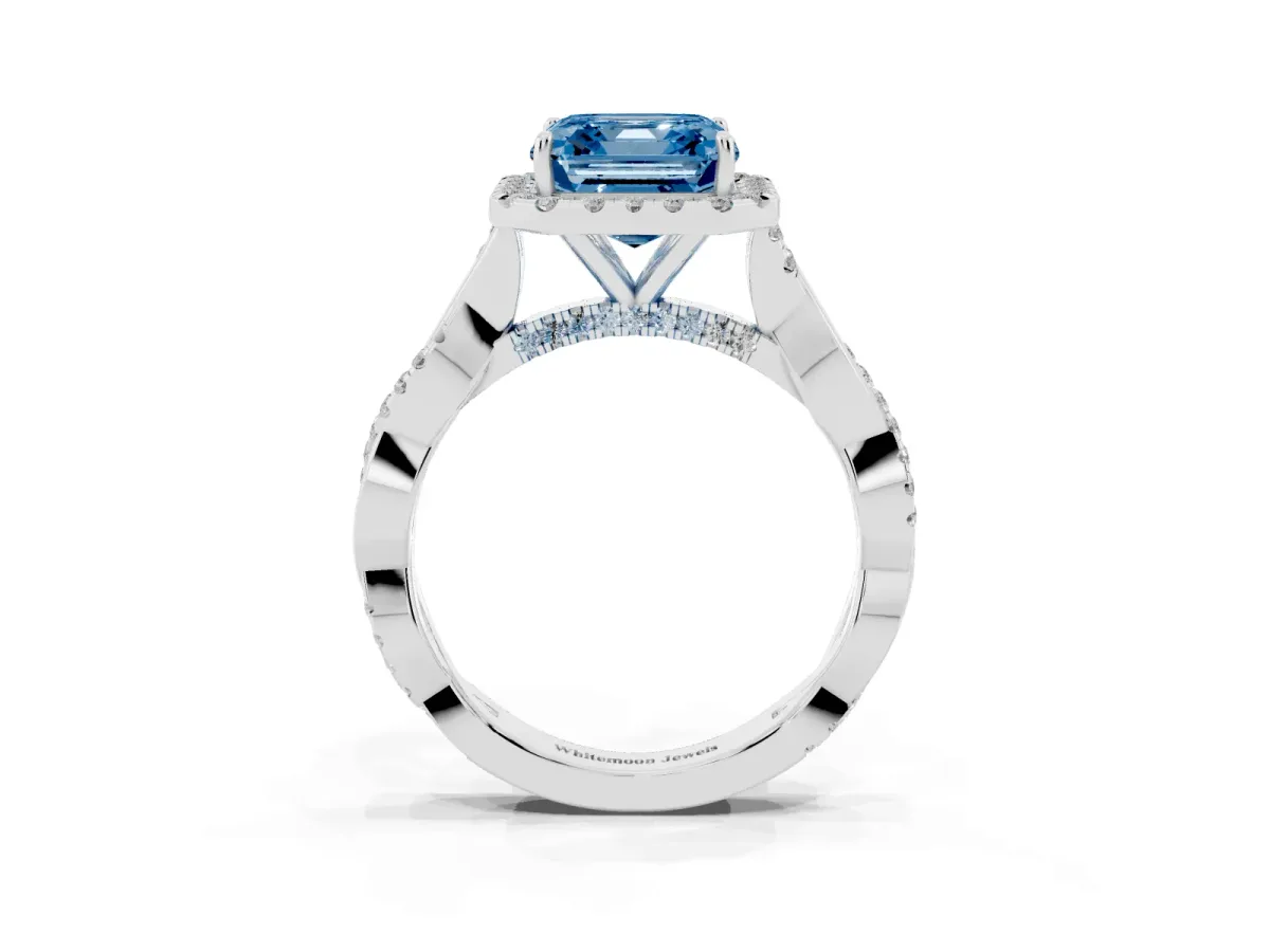 Fancy Blue Asscher Cut Halo Twist Band Solitaire Ring Silver