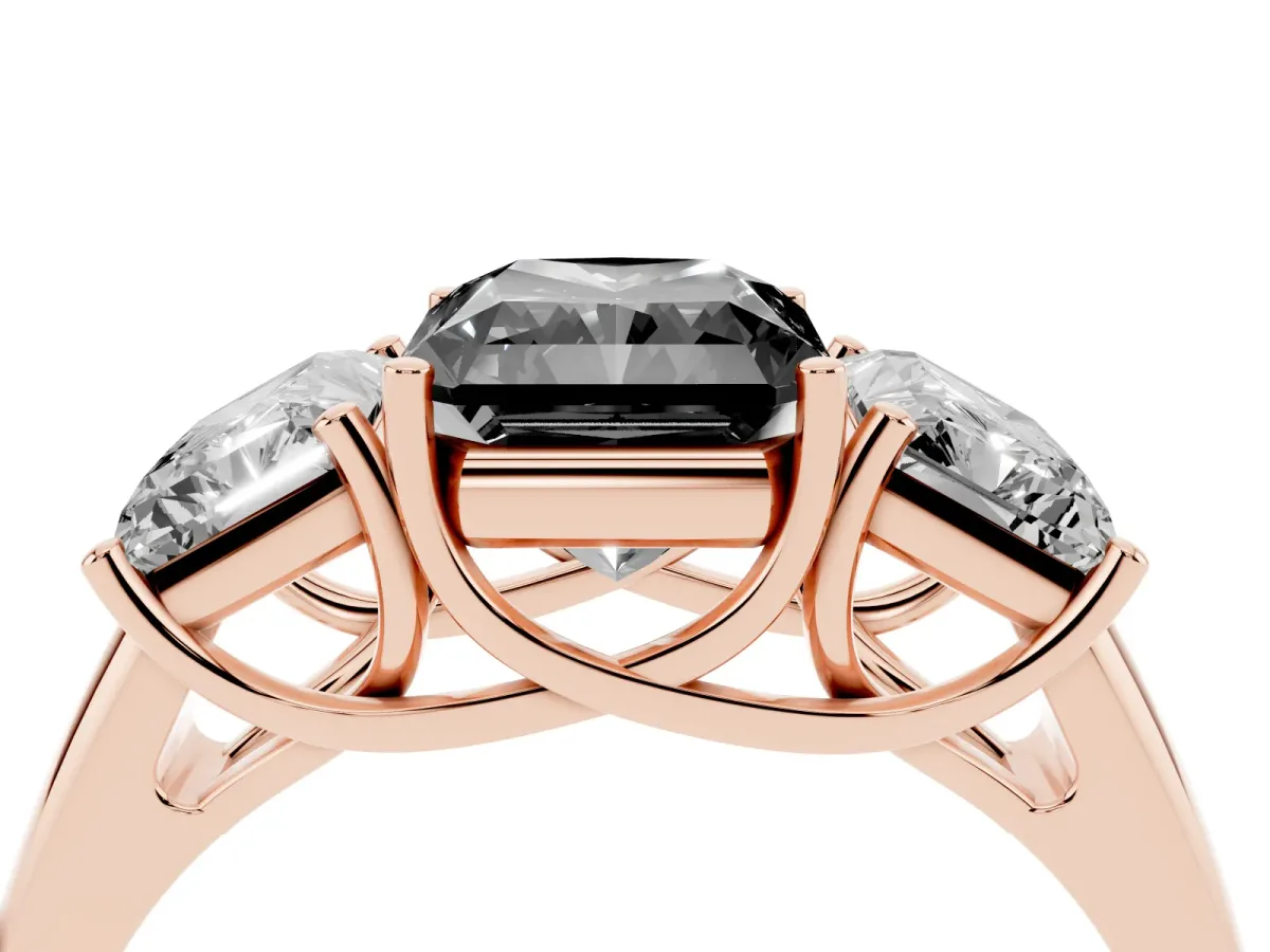 Fancy Black Three-Stone Radiant Cut Diamond Engagement Ring with Prong Setting Rose gold