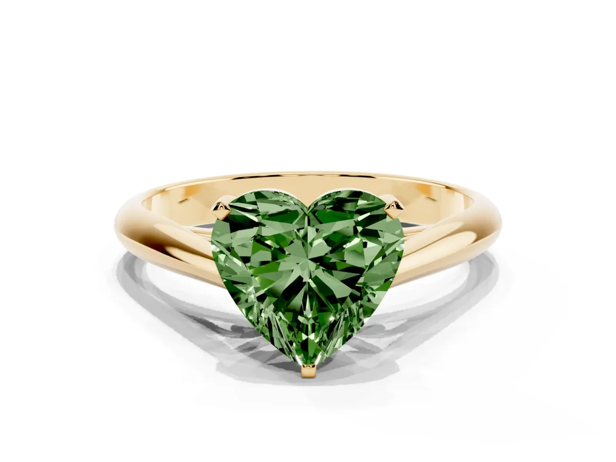Fancy Green Heart Cut Diamond Solitaire Engagement Ring with Cathedral Setting and Four-Prong Mount Yellow gold