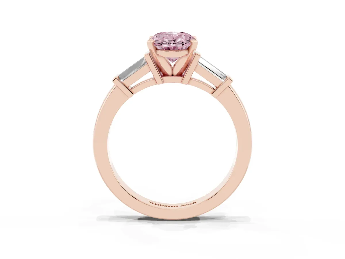 Fancy Pink Oval Cut Cut Diamond Solitaire Ring with Tapered Baguette Accents and Four-Prong Setting Rose gold