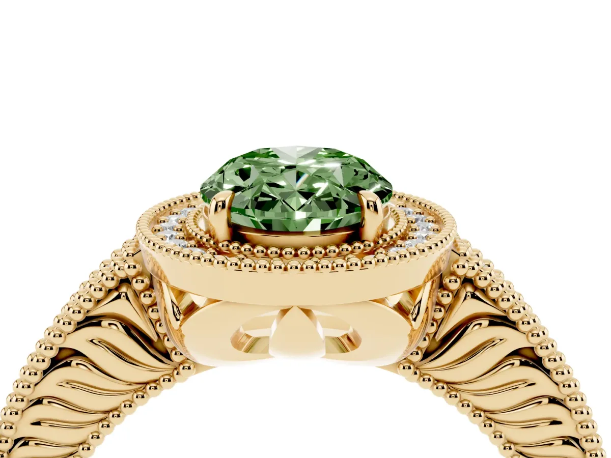 Fancy Green Oval Cut Cut Halo Diamond Ring with Pavé Band and Four-Prong Setting Yellow gold