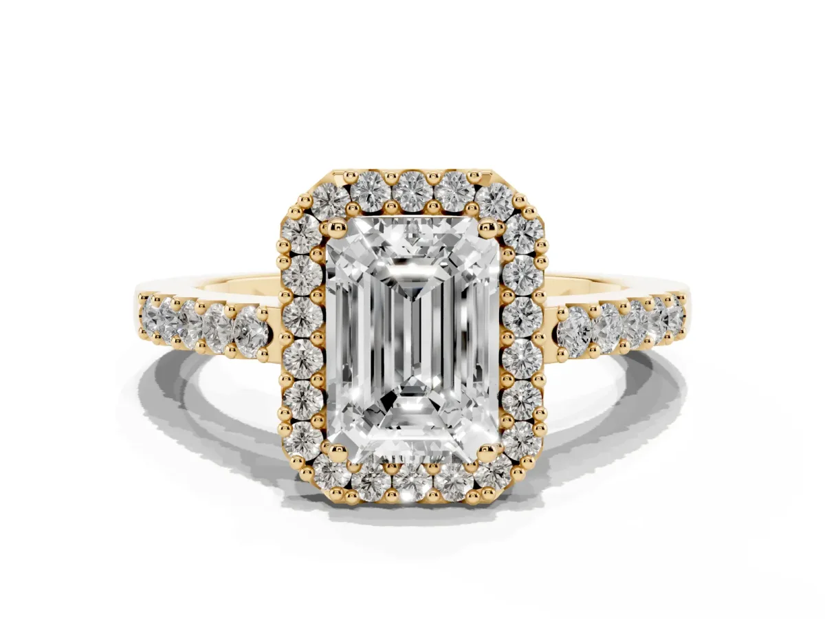 Emerald Cut Halo Diamond Pavé Solitaire Ring Yellow gold