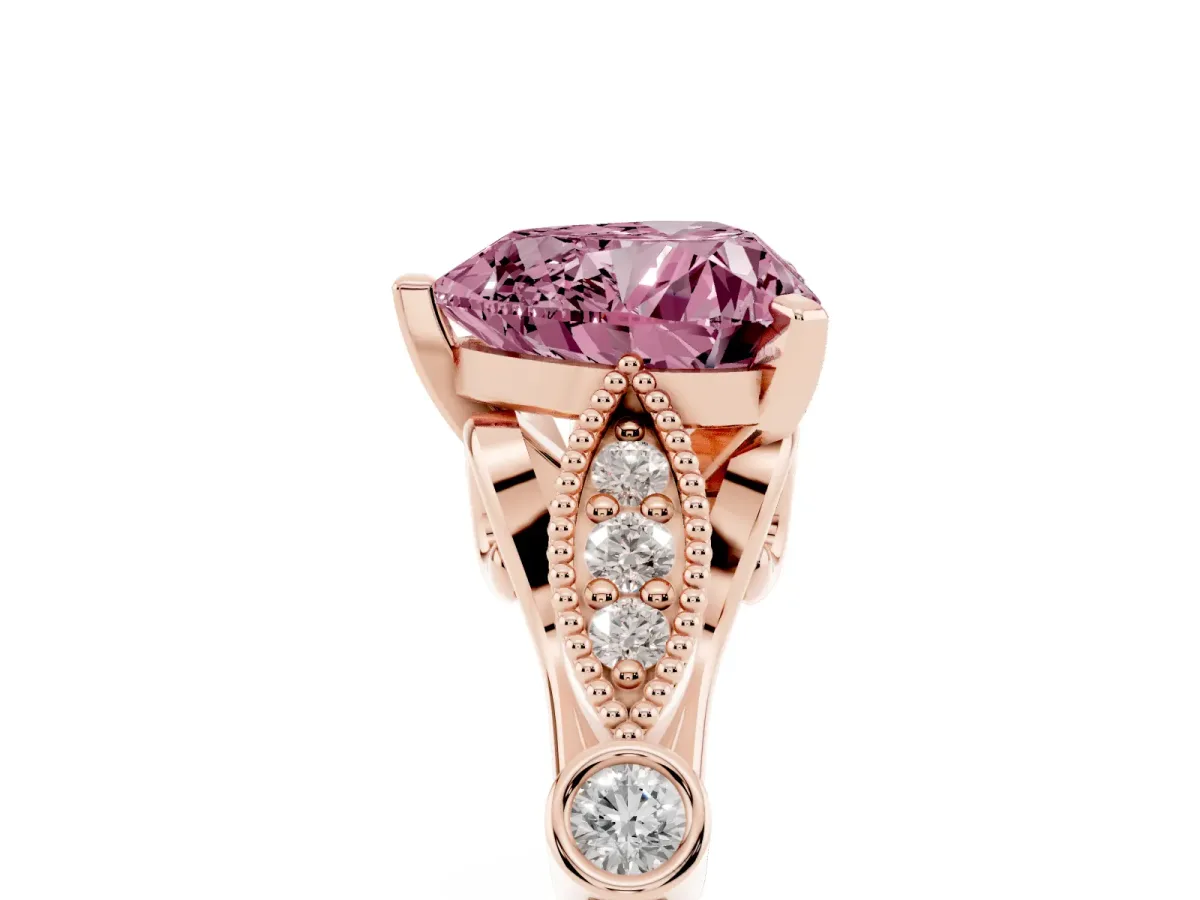 Fancy Pink Heart Cut Cut Diamond with Milgrain Marquise and Bezel Accents on a Solitaire Band with Prong Setting Rose gold