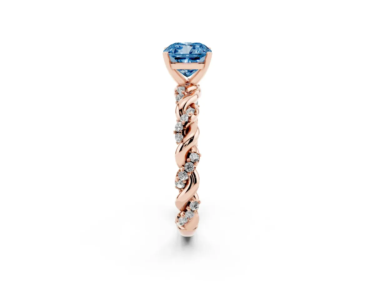 Fancy Blue Cushion Cut Diamond Solitaire Ring with Twisted Band and Pavé Accents Rose gold