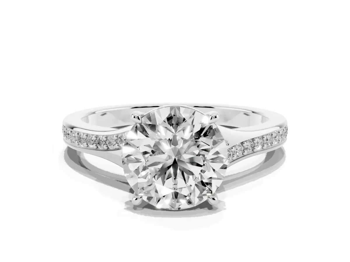 Round Cut Diamond Solitaire Ring with Pavé Band and Prong Setting Platinum