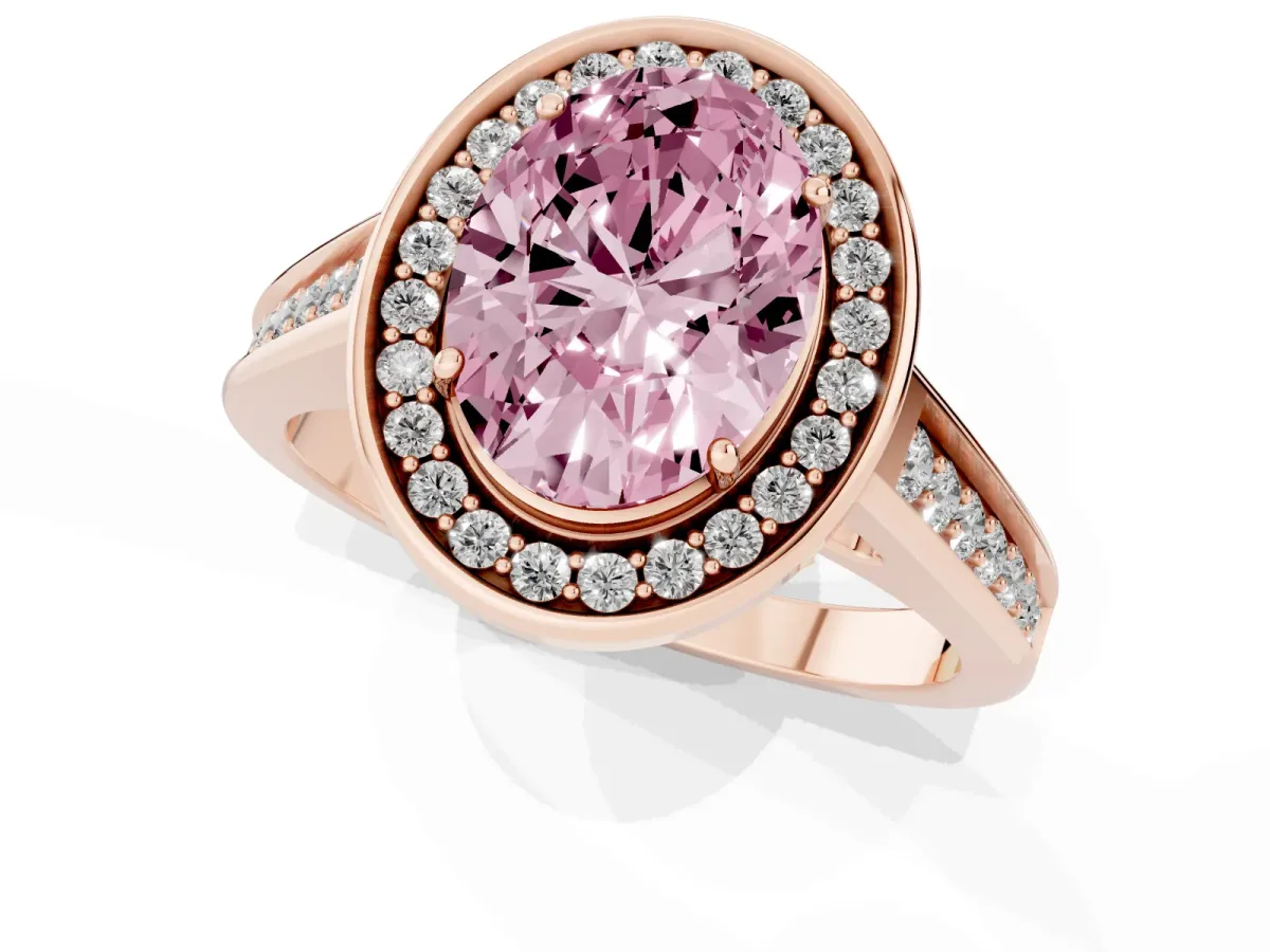 Fancy Pink Oval Cut Halo Solitaire Diamond Ring with Pave Band and Bezel Setting Rose gold