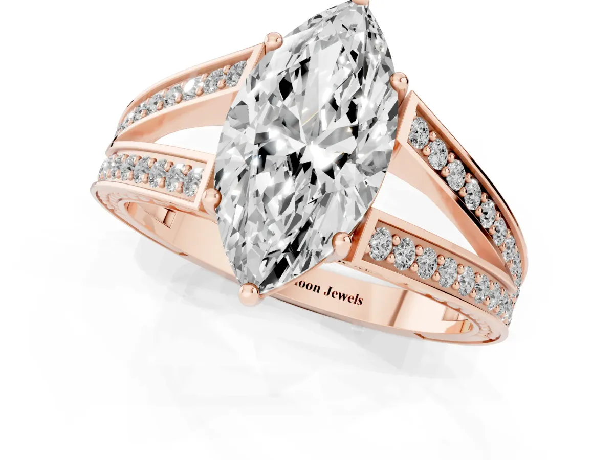 Marquise Cut Diamond Split Shank Ring with Pavé Band and Four-Prong Setting Rose gold