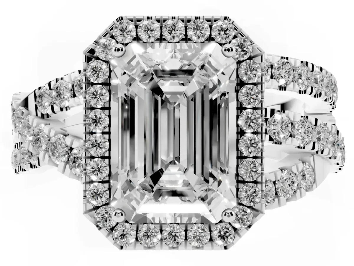 Emerald Cut Diamond Halo Ring with Round Split Shank and Prong Setting Silver