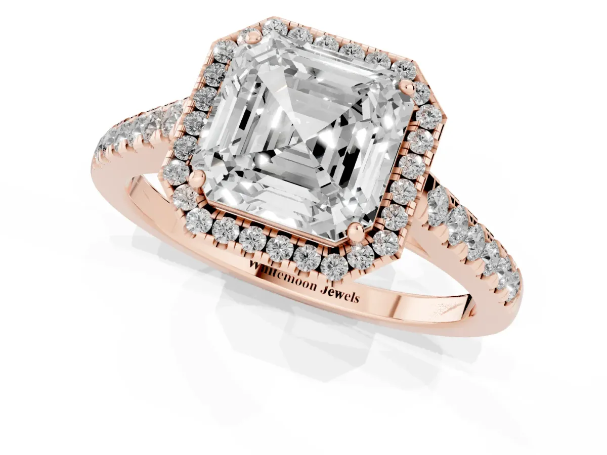 Asscher Cut Halo Pave Diamond Engagement Ring with Four-Prong Setting Rose gold
