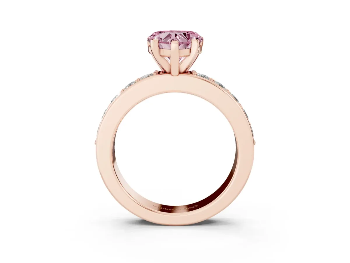 Fancy Pink Heart Cut Diamond Engagement Ring with Channel Set Round Band and Prong Setting Rose gold