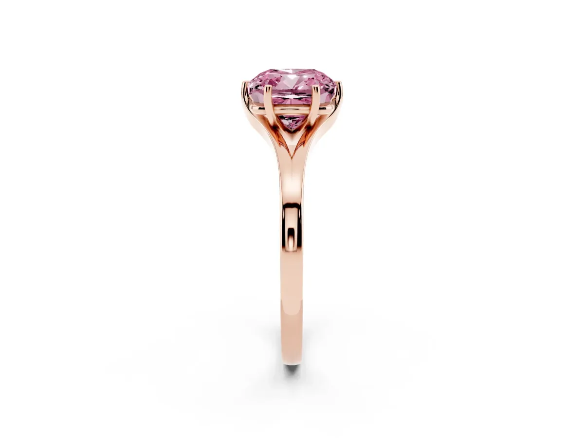 Fancy Pink Cushion Cut Solitaire Diamond Ring with Six-Prong Setting and Tapered Band Rose gold