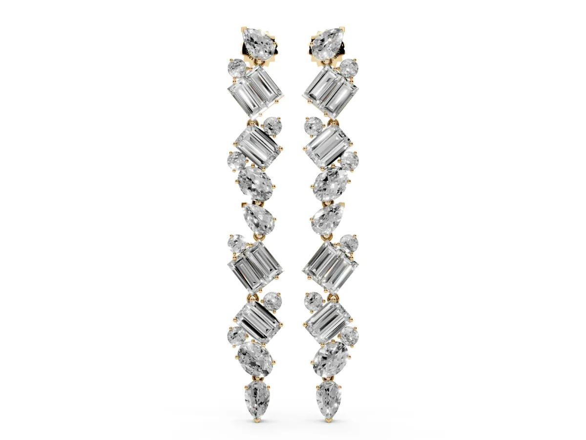 Pear, Emerald, and Round Diamond Linear Drop Earrings Yellow gold