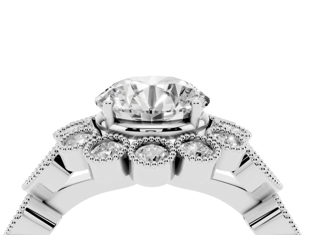 Round Cut Brilliant Milgrain Pave Heart Band Solitaire Ring Silver