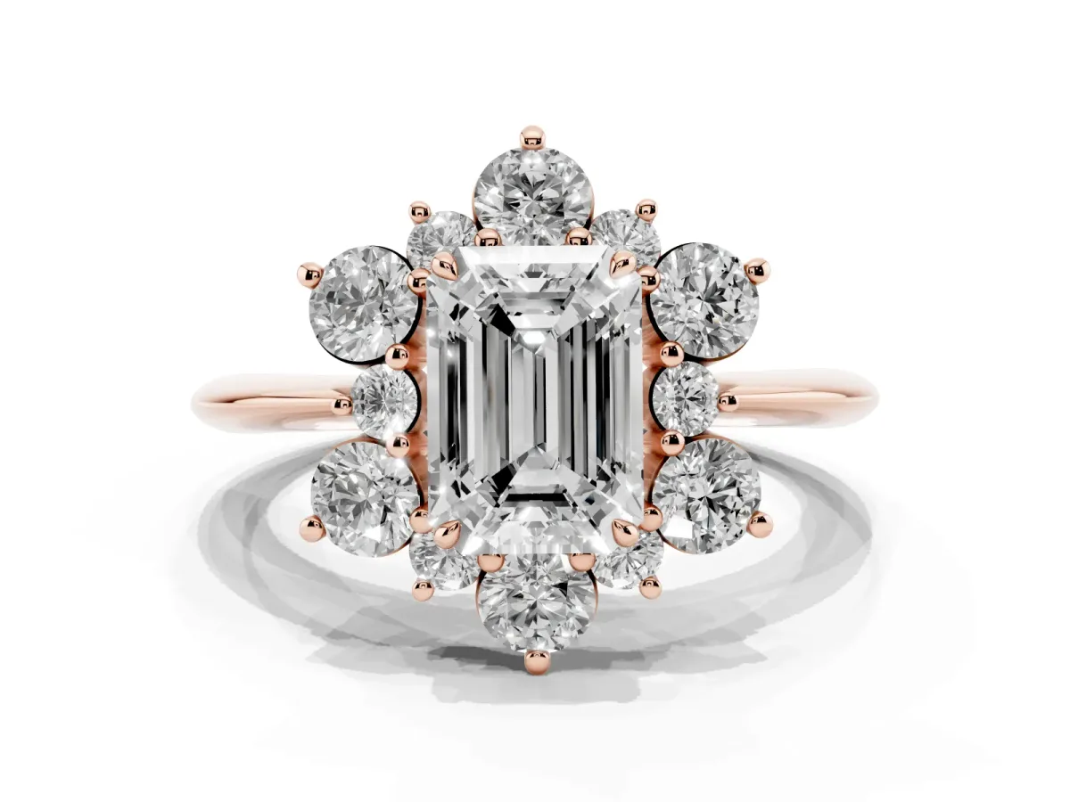 Emerald Cut Diamond Cluster Halo Ring with Solitaire Band and Four-Prong Setting Rose gold