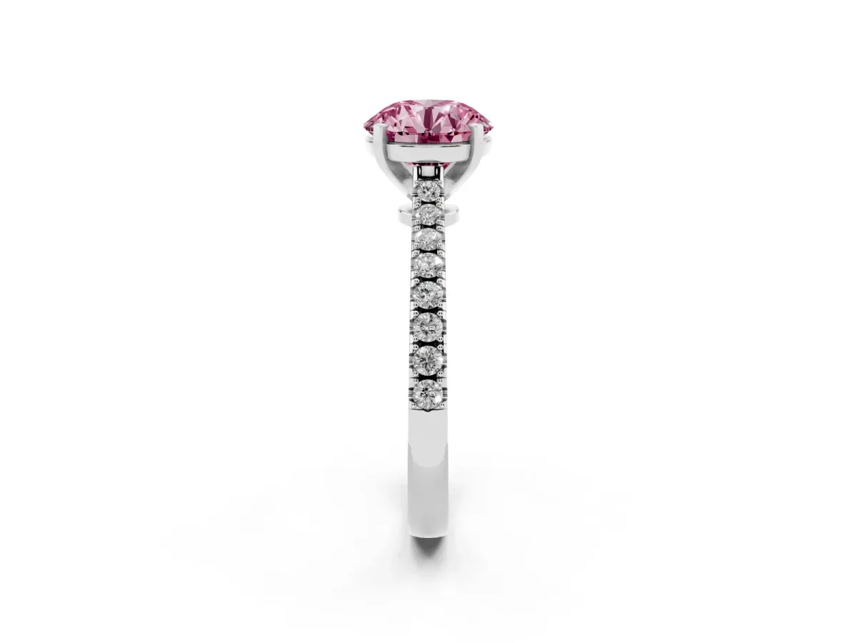 Fancy Pink Round Cut Cut Solitaire Diamond Engagement Ring with Pave Band and Four-Prong Setting White gold