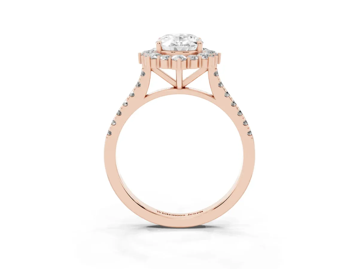 Oval Cut Halo Diamond Ring with Pavé Band and Prong Setting Rose gold