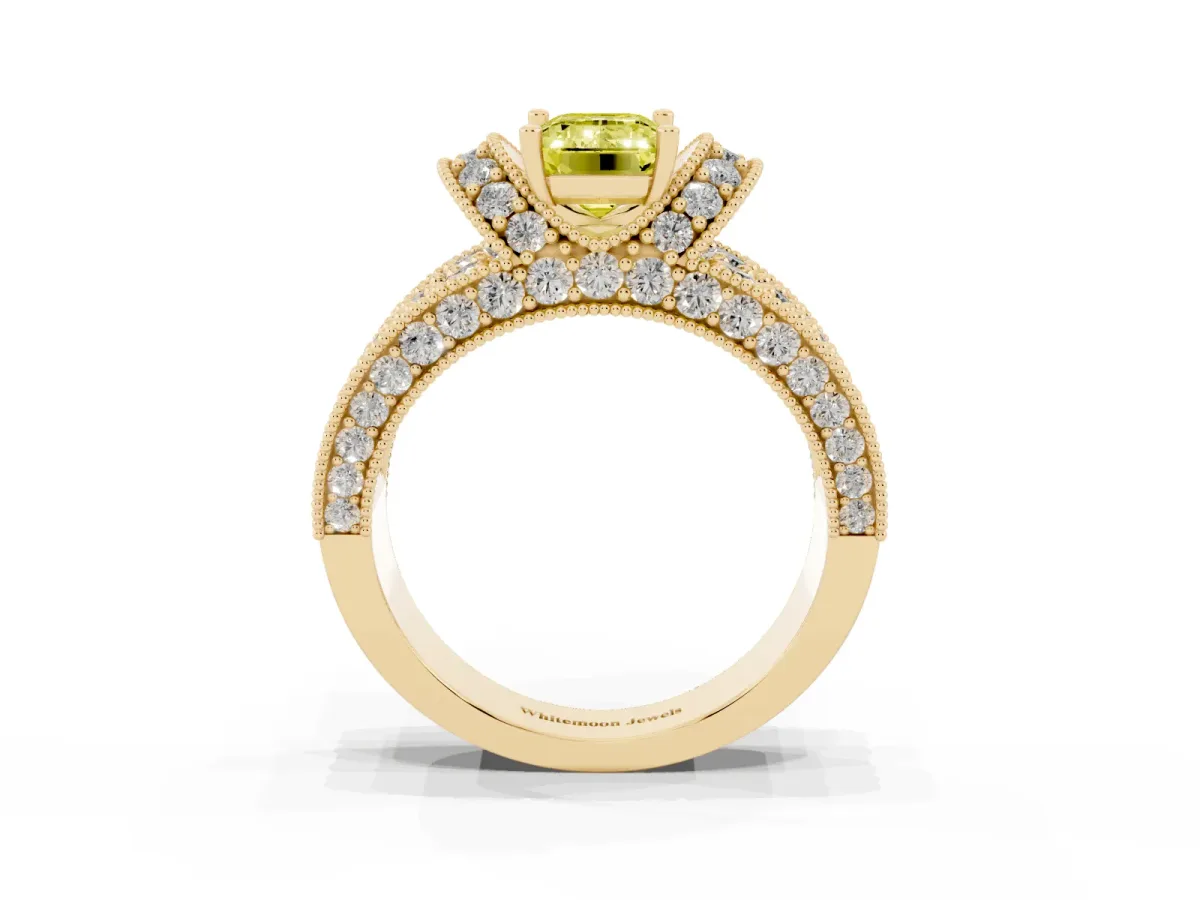 Fancy Yellow Emerald Cut Halo Pave Diamond Engagement Ring with Milgrain Detailing Yellow gold