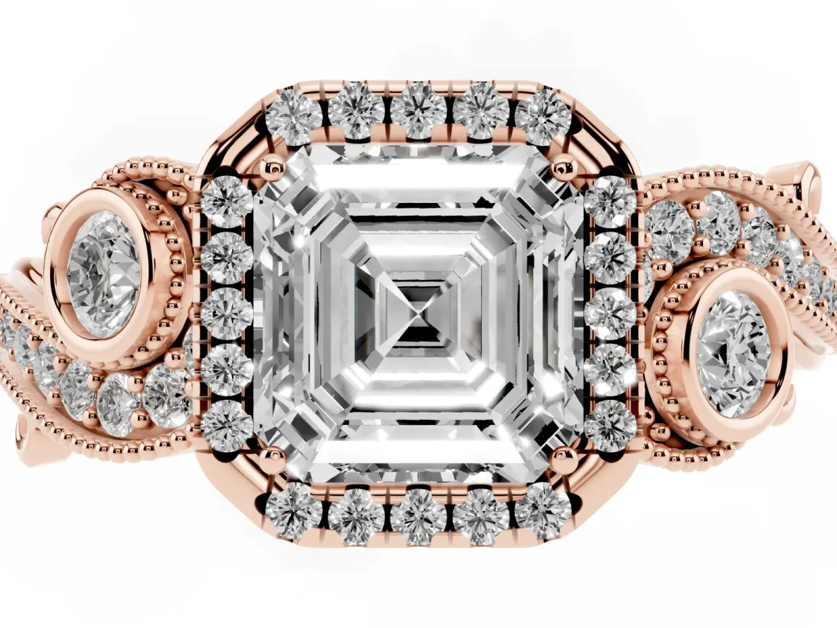 Asscher Cut Halo Diamond Ring with Milgrain and Bezel Accents on a Split Shank Band Rose gold