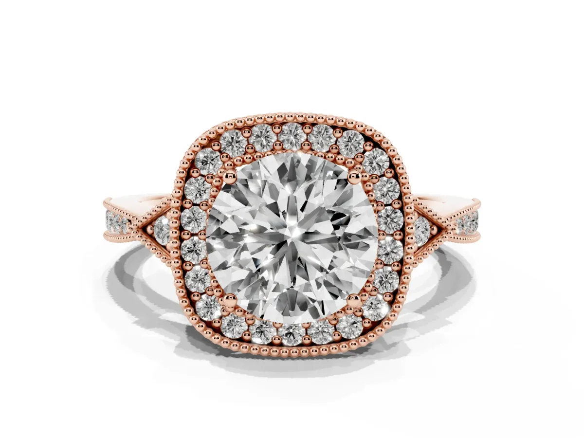 Round Cut Halo Round Diamond Milgrain Pave Engagement Ring Rose gold