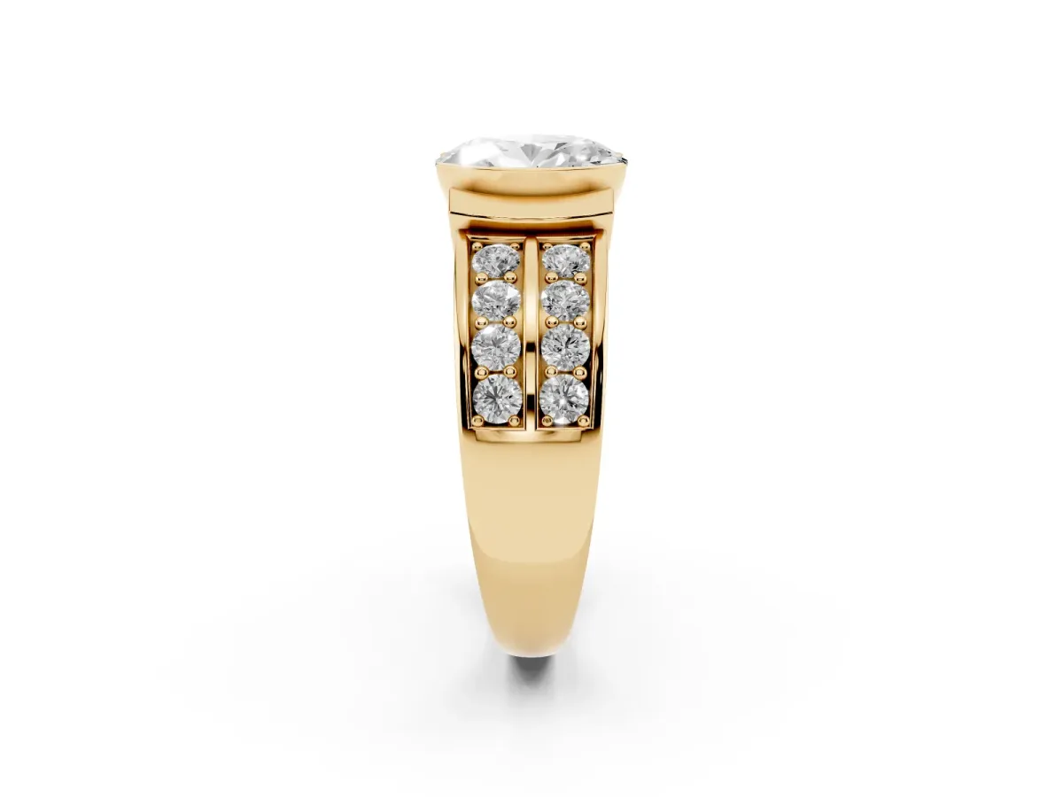 Oval Cut Brilliant Diamond Channel Set Wide Band Ring with Bezel Setting Yellow gold
