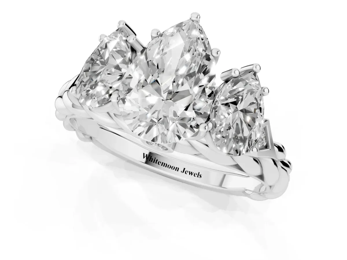 Three-Stone Pear Cut Diamond Braided Band Ring with Four-Prong Setting Silver