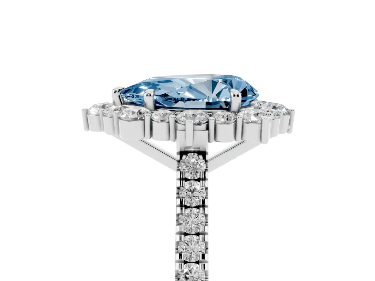 Fancy Blue Pear Cut Halo Diamond Ring with Pavé Band and Prong Setting Silver