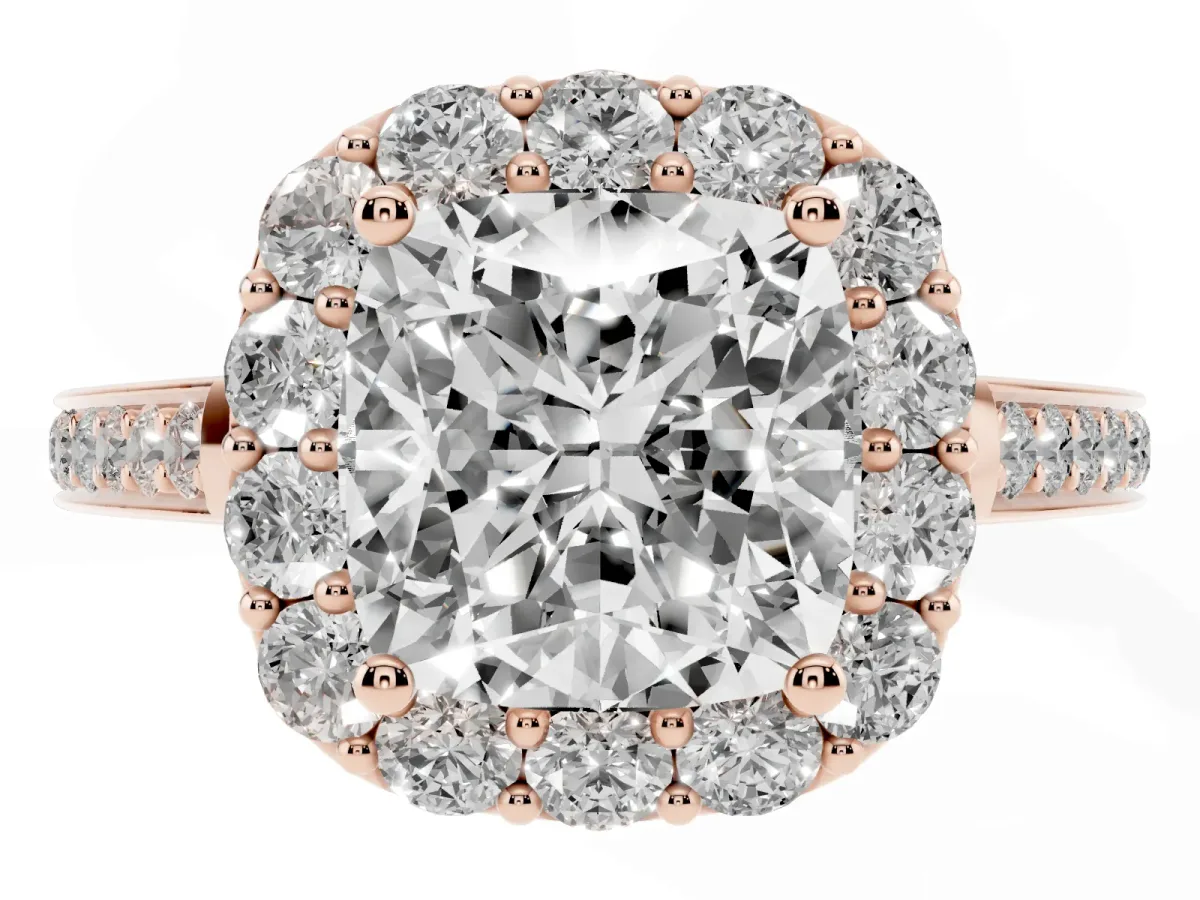 Cushion Cut Diamond Floral Halo Ring with Pavé Band and Prong Setting Rose gold