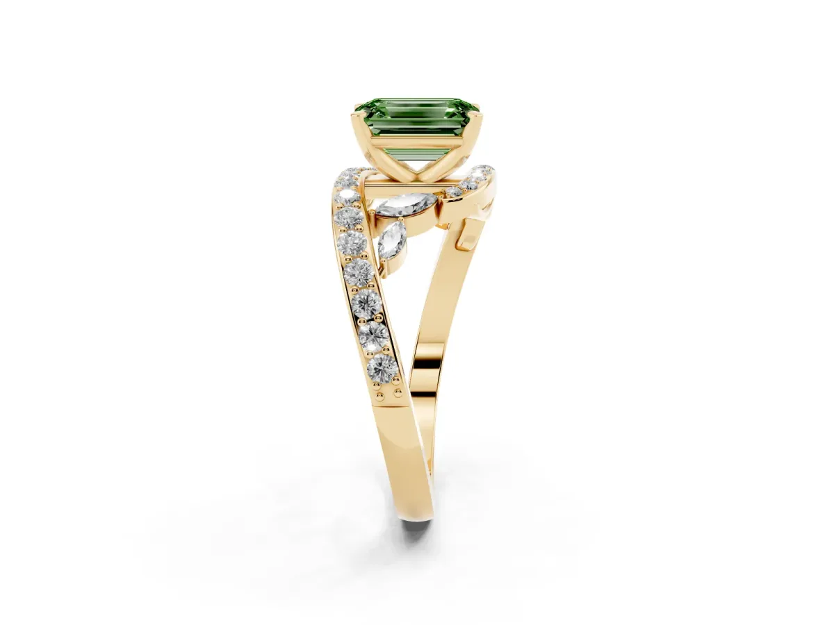 Fancy Green Emerald Cut Solitaire with Pavé Twist Band and Four-Prong Setting Yellow gold