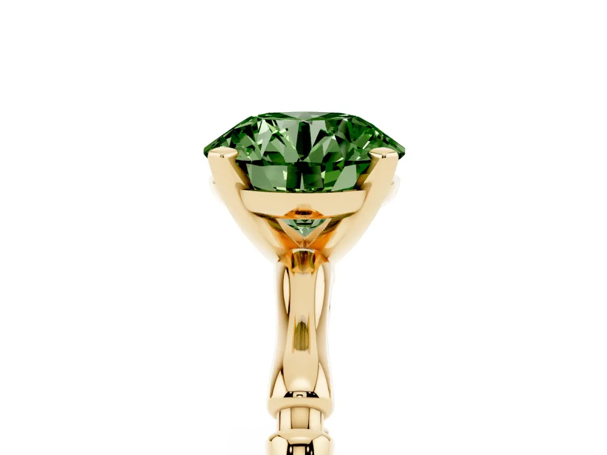 Fancy Green Round Cut Solitaire Diamond Ring with Bamboo Band and Four-Prong Setting Yellow gold