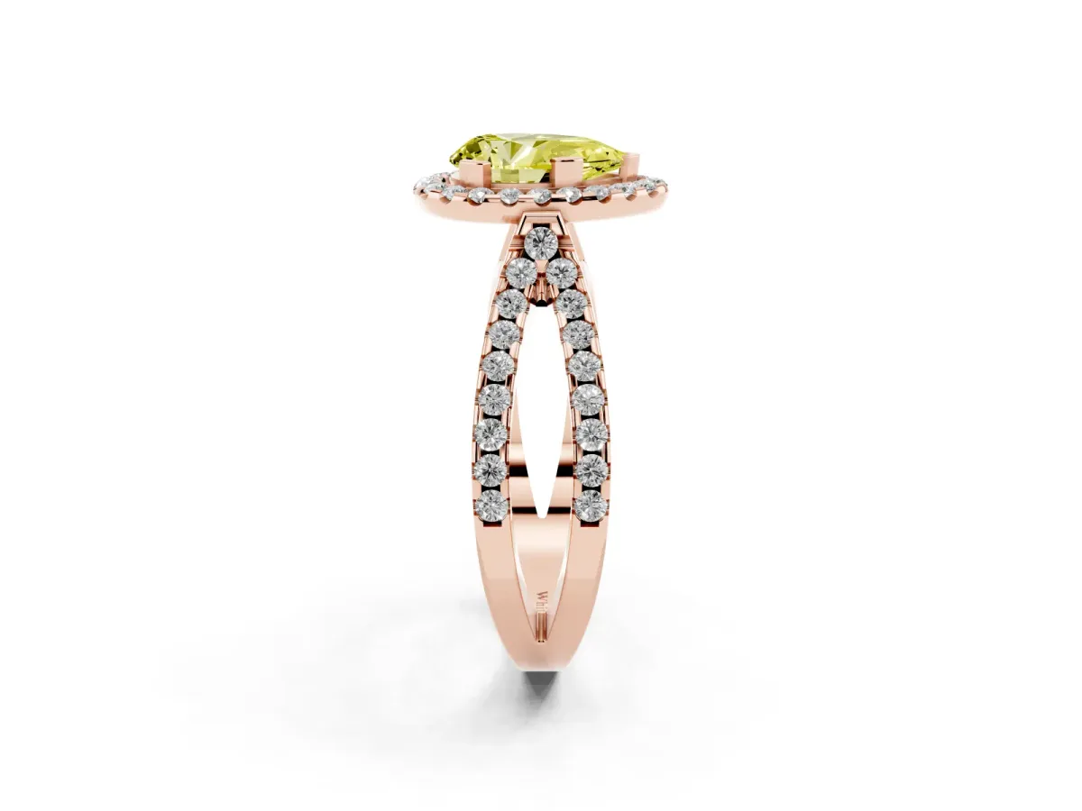 Fancy Yellow Pear Cut Diamond Halo Ring with Split Shank Pavé Band and Prong Setting Rose gold