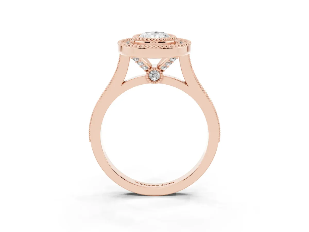 Pear Cut Diamond Halo Ring with Milgrain Frame and Pavé Band Rose gold