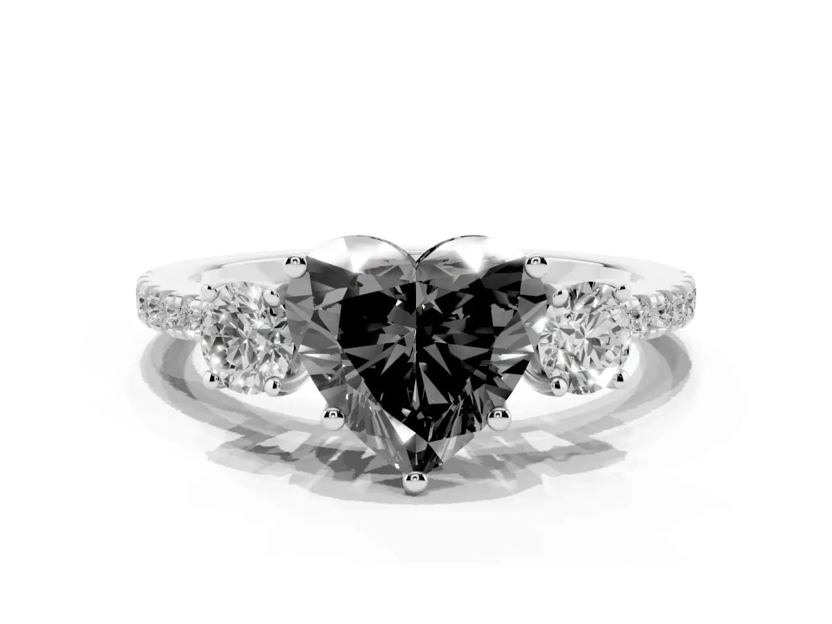 Fancy Black Three-Stone Heart Cut Cut Diamond Pavé Band with Prong Setting Silver